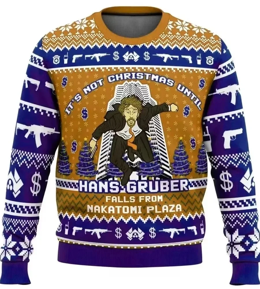 Hässliches Weihnachts-Sweatshirt mit Rundhalsausschnitt, 3D-Druck Unisex Die Hard Hans Gruber Pullover, Weihnachtsfilm Nakatomi Langarm-Party-Oberteil – Detail 2