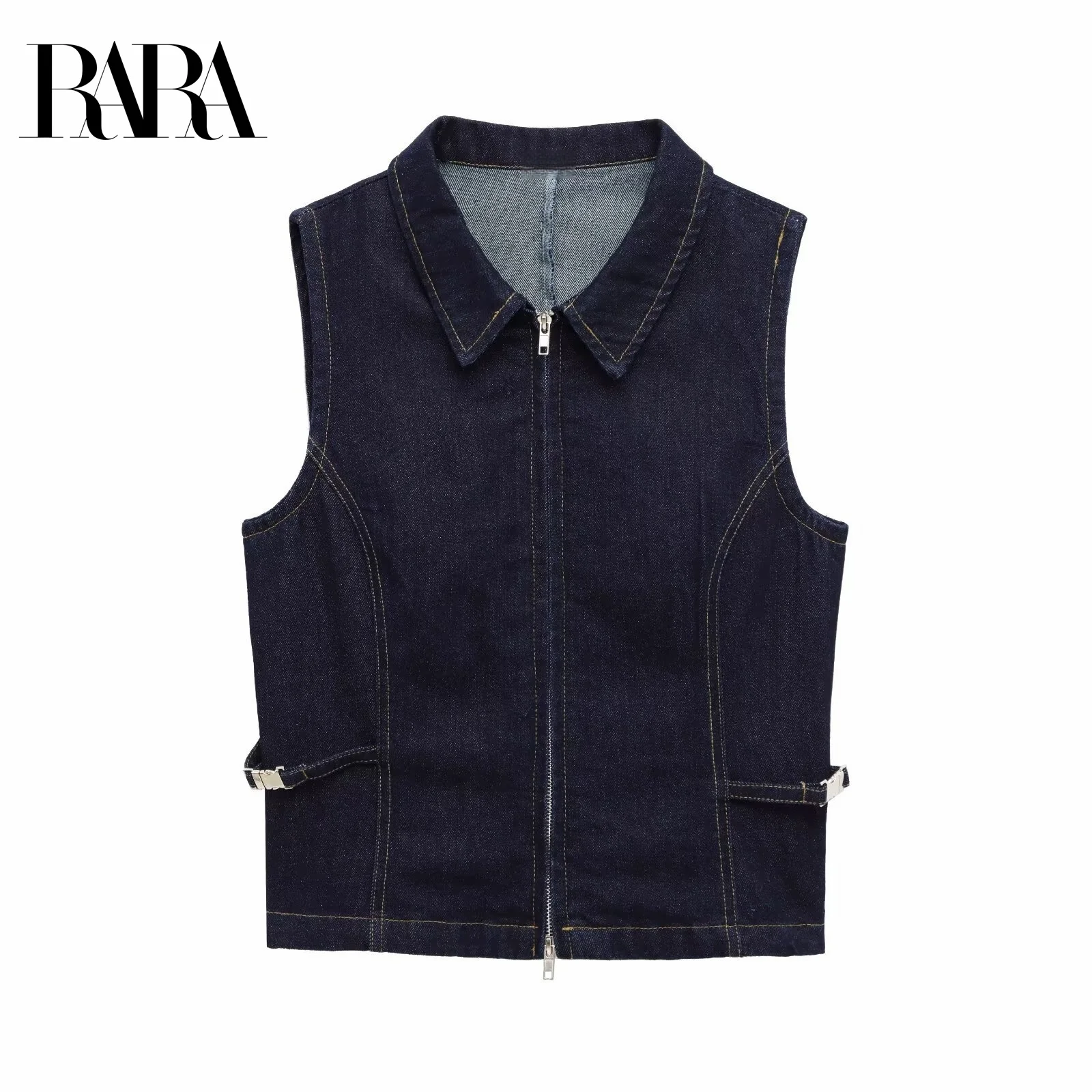 

RARA Womens Slim - Fitting Turn - Down Collar Zippered Denim Vest with Strap Decoration Stylish and Trendy Garment for Women