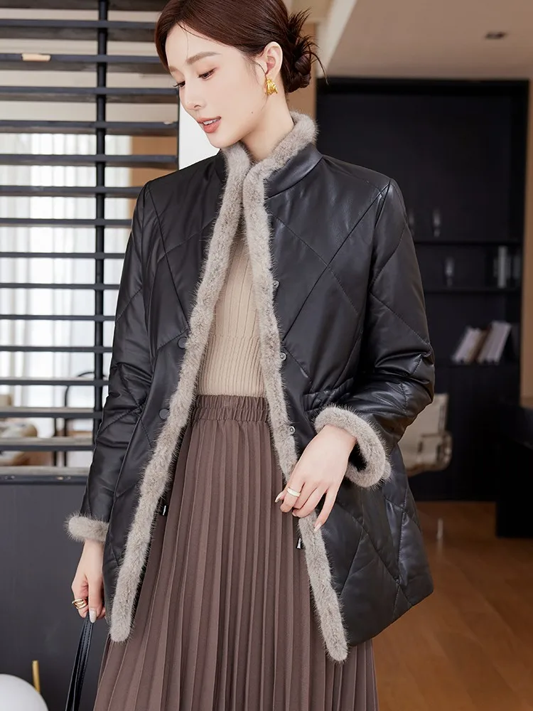 여성 겨울 패션 싱글 브레스티드 와이드 웨이스트 밍크 퍼 O넥 양가죽 진짜 가죽 재킷 다운 코트 보온 중간 길이