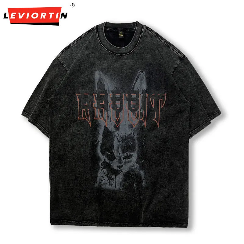 Camiseta de gran tamaño para hombre, ropa de calle estilo Hip Hop, con estampado de sombra de rayos negros lavados, Retro, Harajuku, de algodón, 2024