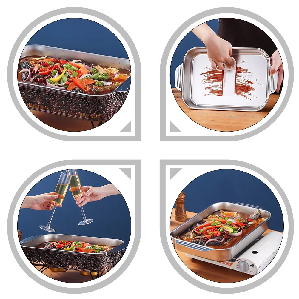 

Stainless Steel Double Ears Grilled Fish Plate Rectangular Kitchen Cooking Dish Heat Resistant Anti-Slip Handle Bakeware Pan