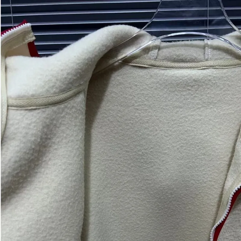 WTHT-Manteau en laine à capuche avec bordure en peluche pour femme, veste à manches longues, fermeture éclair, document de contrôle, nouvelle mode, hiver 2024, 1LS422