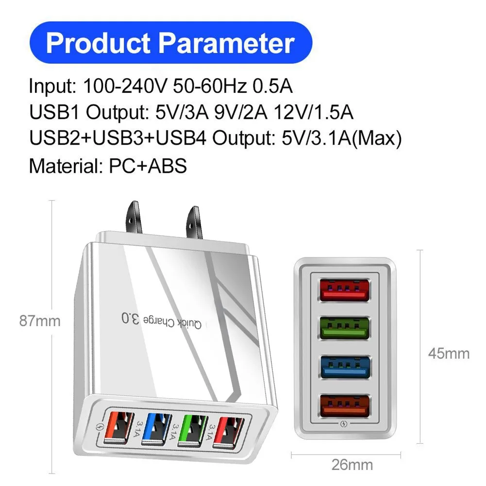 4-Port Fast Charging Charger 4 Ports Quick Charge For Mobile Phone Charger Adapter With Multi-Protection System For Travel Parts