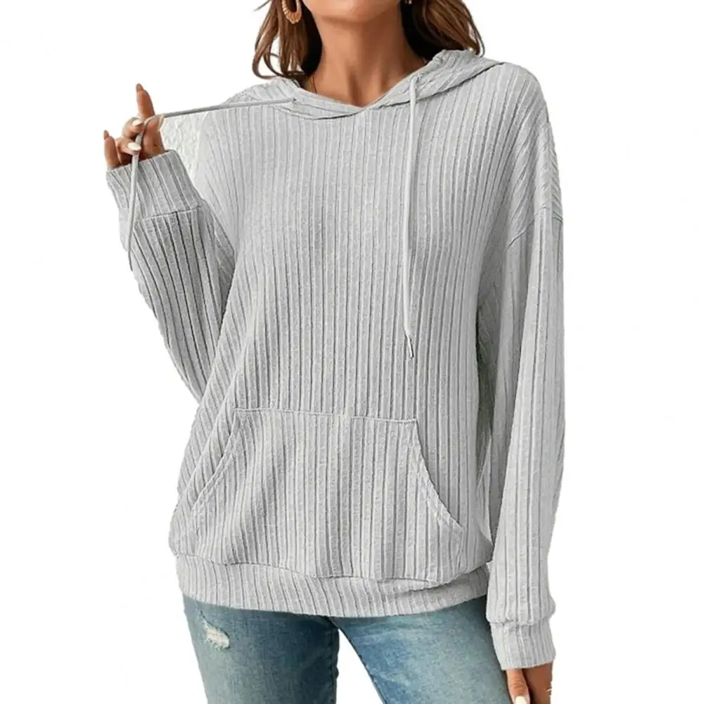 Hoodies Women Girl Striped Sweater Solid Color Long Sleeves Knitted Hoodie with Patch Pocket Loose Pullover Sweatshirts Autumn