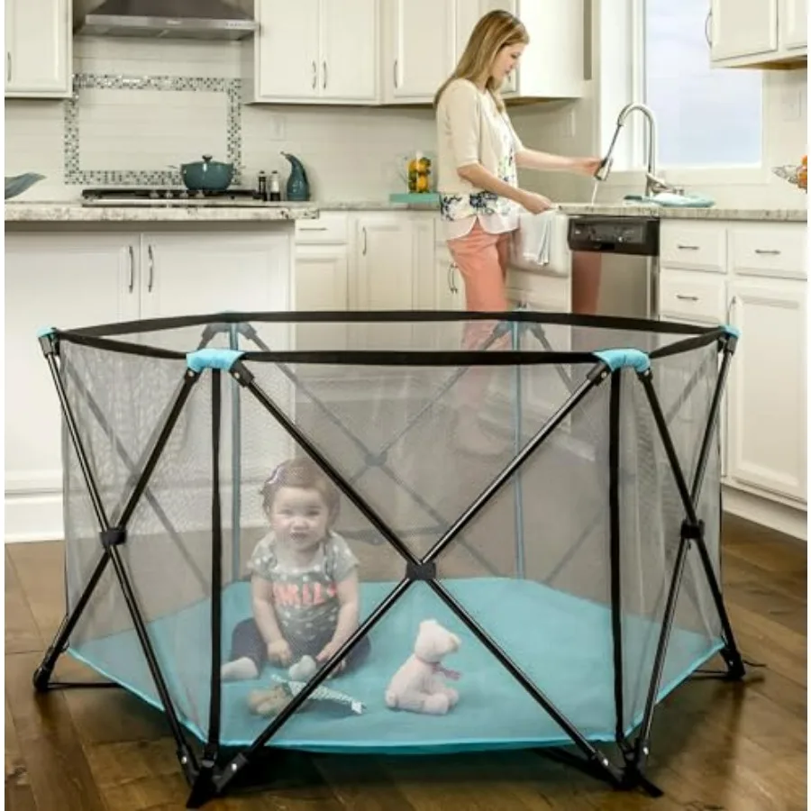 

Portable Baby Play Yard 6-Panel Indoor Outdoor Playpen with Mesh Sides Foldable Washable Fabric Aqua 48-Inch Tested Safe Americ