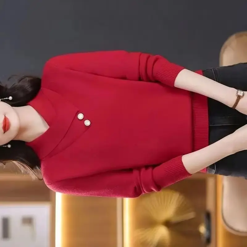 

New V-neck Knitted Sweater Female Mother Wearing Spring Autumn And Winter Thicken Bottoming Shirt Fashionable With A Warm Top