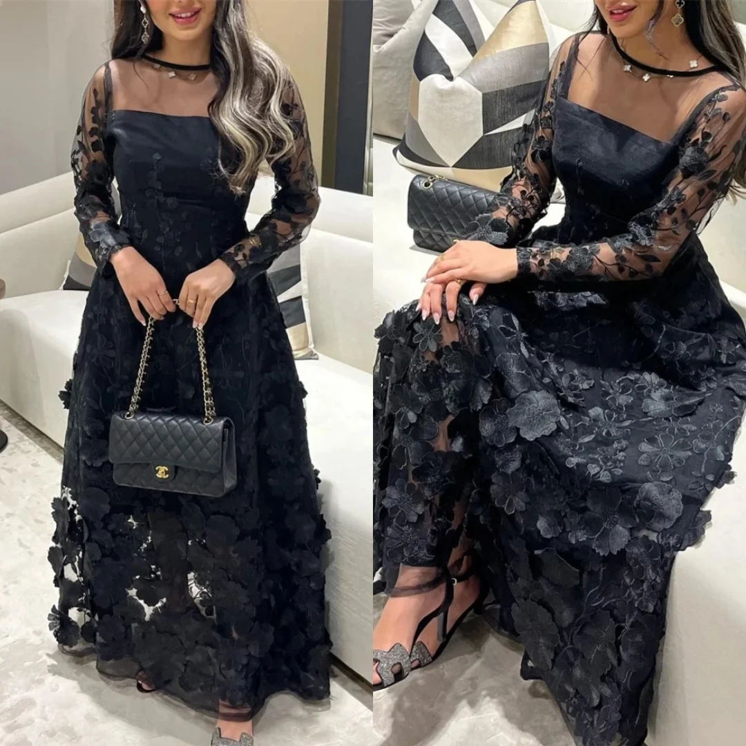 Women's O-neck Long sleeved Ball Saudi Arabian Jewelry A-line Formal Dress with Ankle Dress Evening Dress