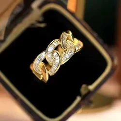 Huitan Chain Linked Design Women Rings Special-interested Wedding Accessories Gold Color High-quality Cubic Zirconia Jewelry