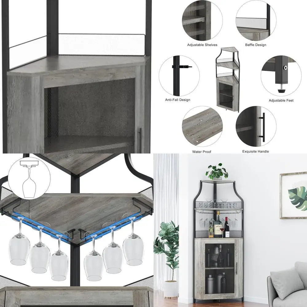 Серый комод с защитой от опрокидывания, стеклянными полками и шкафом для хранения вина