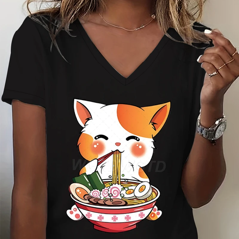 Ramen Noodle Cat  Kawaii Cartoon T-shirts Women Happy Cute Cat Eating Noodle Print T-shirt Cats Ramen Lovers Fashion Casual Top