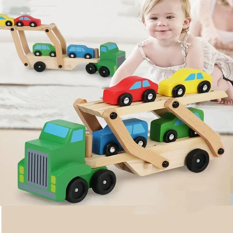 Building Blocks Wooden Double Layer Car Model Fall-resistant Color Cognitive Parent-child Interaction Toys Children Transporter