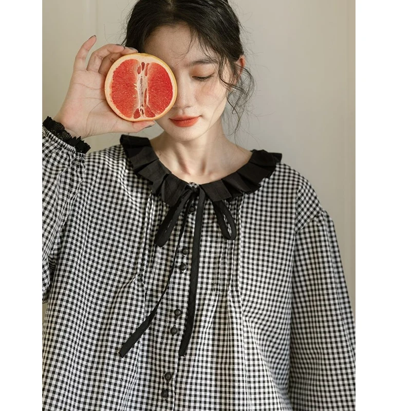 Plaid Patchwork Lacing Shirt Tops Long Sleeve Button All-match Youth Vintage Blouse Spring Autumn Sweet Fashion Women Clothing