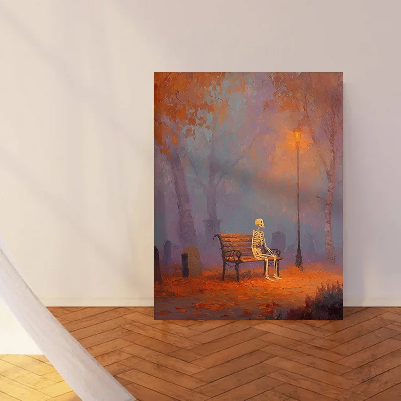 Multiple sizes 1pc frameless Canvas Painting,Skeleton Sitting on Park Bench Halloween Spooky Autumn Poster and Prints Canvas Pai