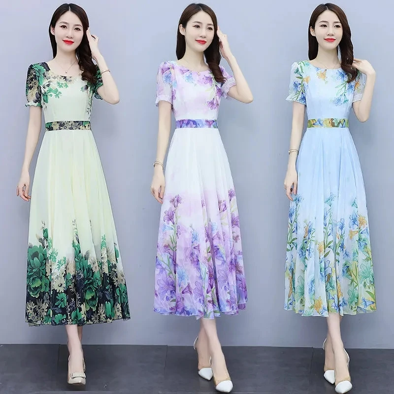 Green Big Swing Chiffon Dress Women\'s Summer Dress 2023 Fashion Long Slim Floral Dresses Print Short Sleeve A-Line Dress Elegant