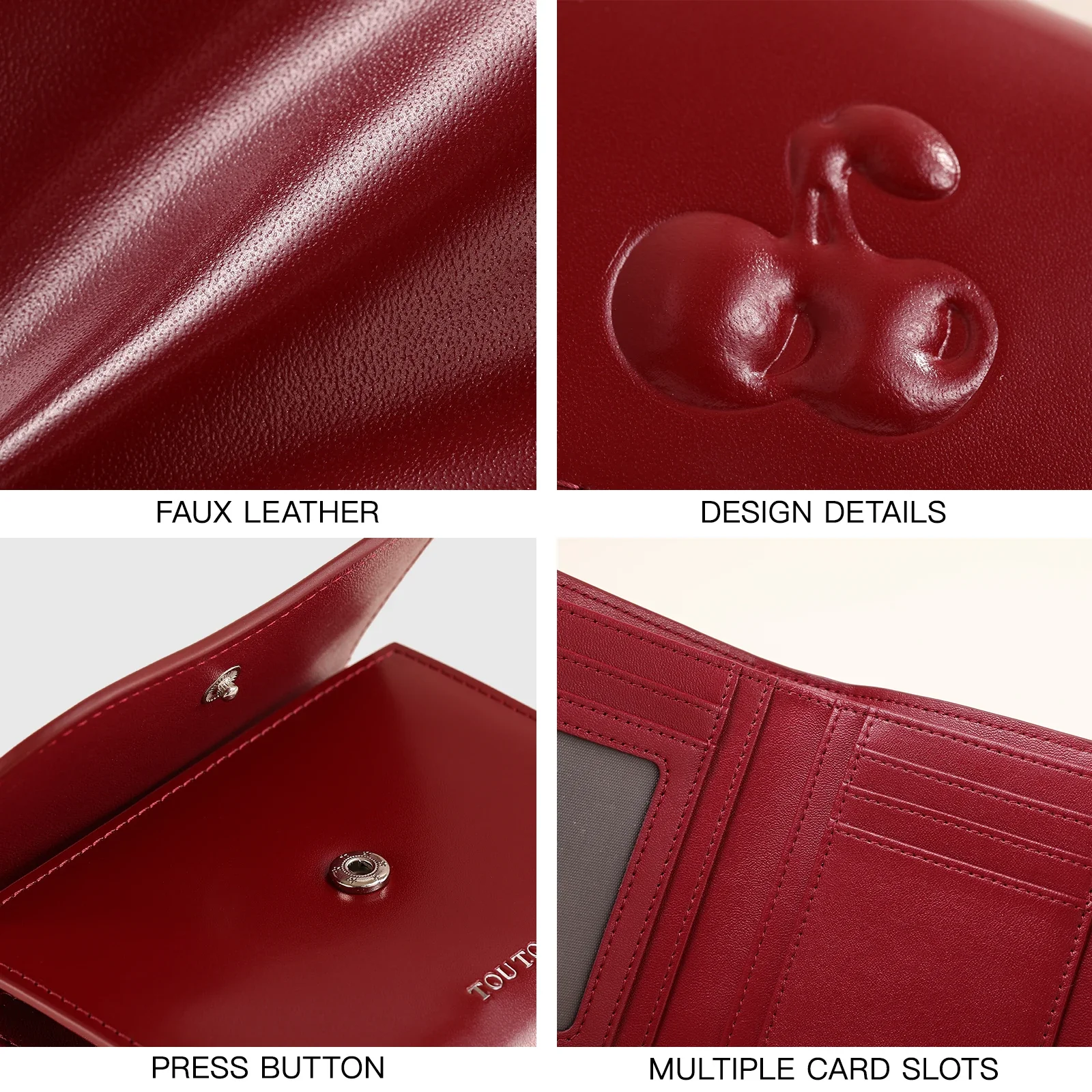 TOUTOU Cherry Leather Wallet for Women Cowhide Red Card Bag Short Cute Clutch Purse Girl Valentine Day Teacher Day Girl Gift