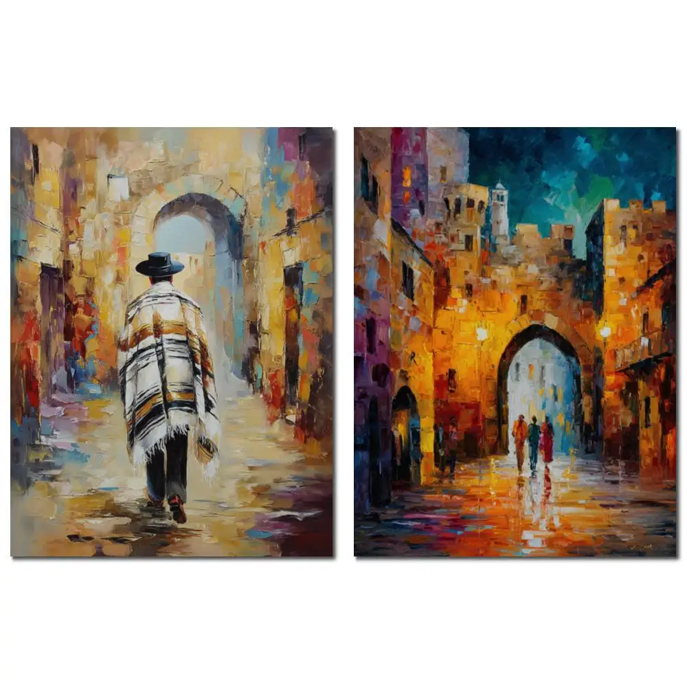 

Текстурированная художественная роспись маслом Иерусалимская улица, холст ручной работы, пейзаж Иудаика для столовой, ресторана, Настенный декор