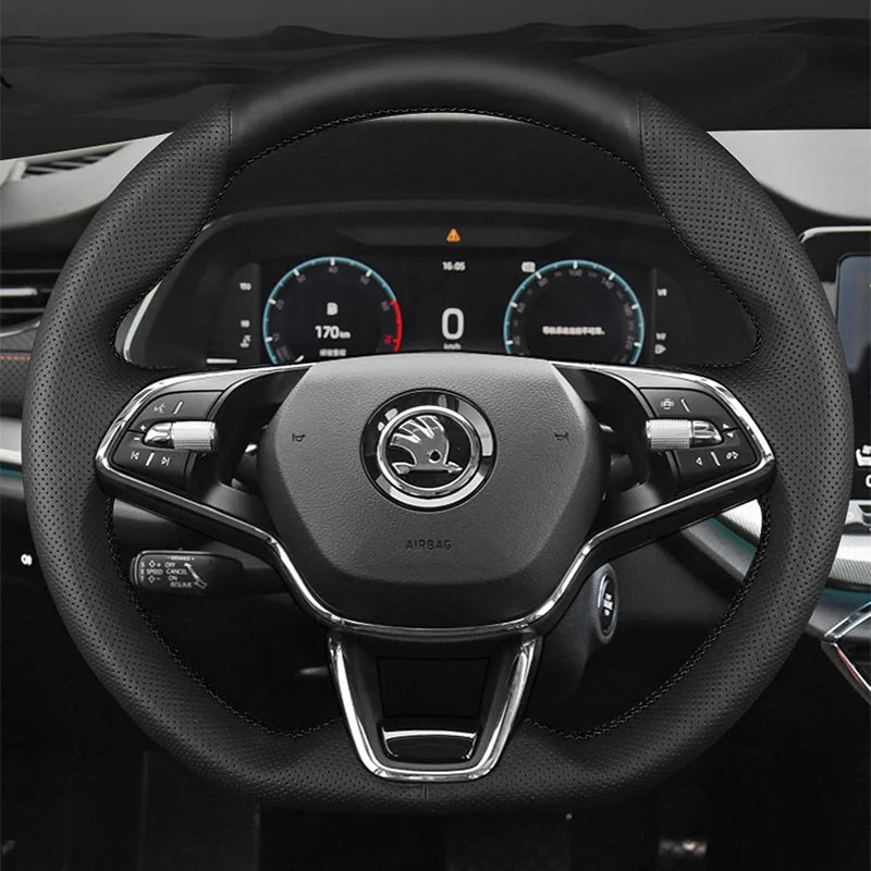 For Skoda Octavia PRO KAROQ 2021-2023 Hand Stitched non-slip black Genuine Leather Car Steering Wheel Cover