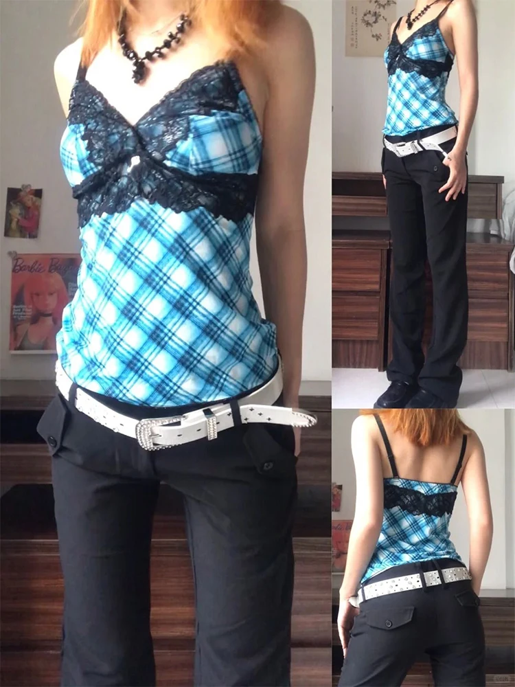 

Y2k Clothes Blue Sexy Patchwork Plaid Lace Camis Top Sleeveless Crop Top Women Summer Streetwear Sexy Slim 2000s Clothes Y2k