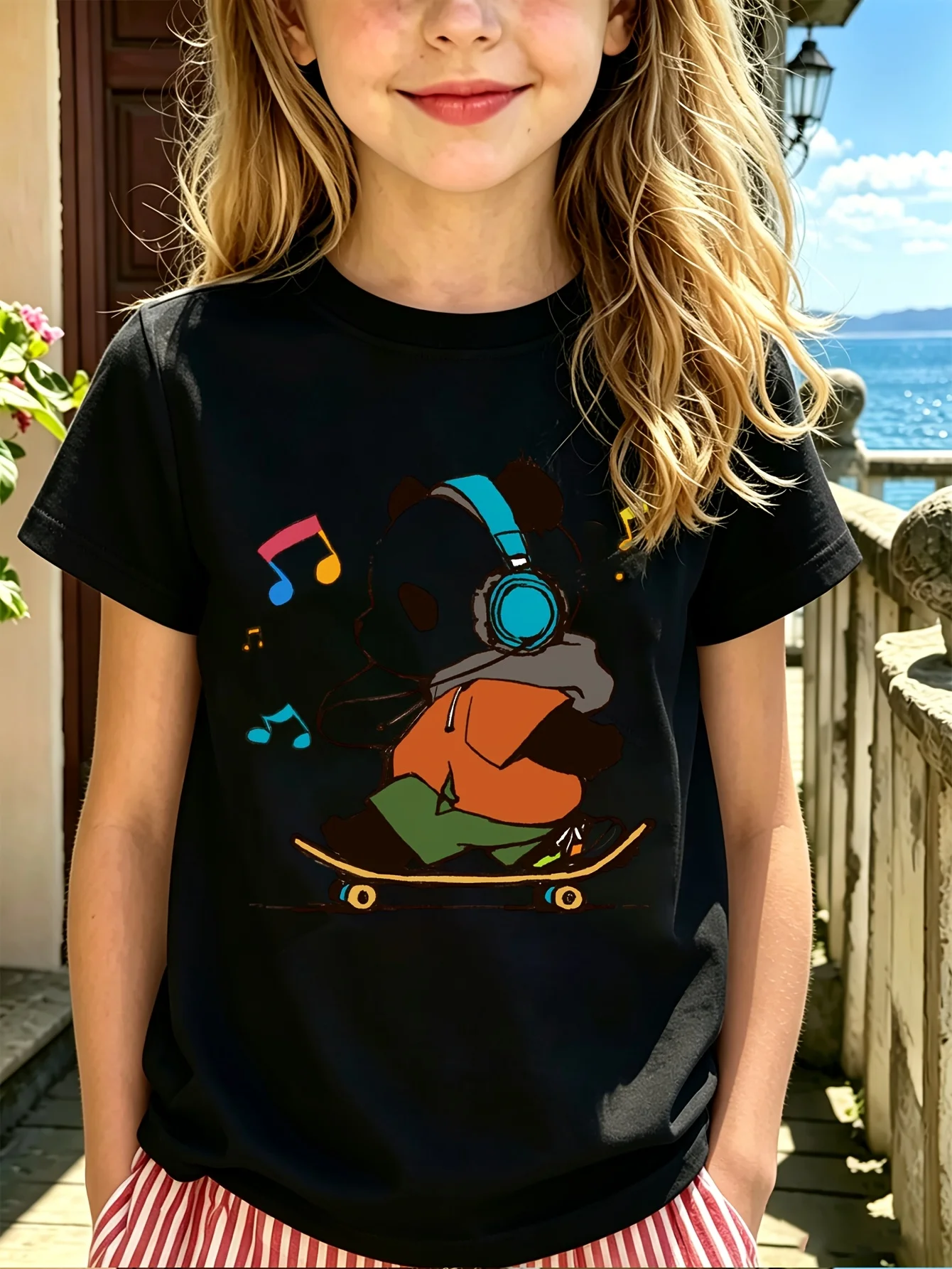 Kids Boys Girls Family Matching T Shirt Cool Panda Skateboard Music Cartoon Graphic Print Short Sleeve Crew Neck Tee Tops