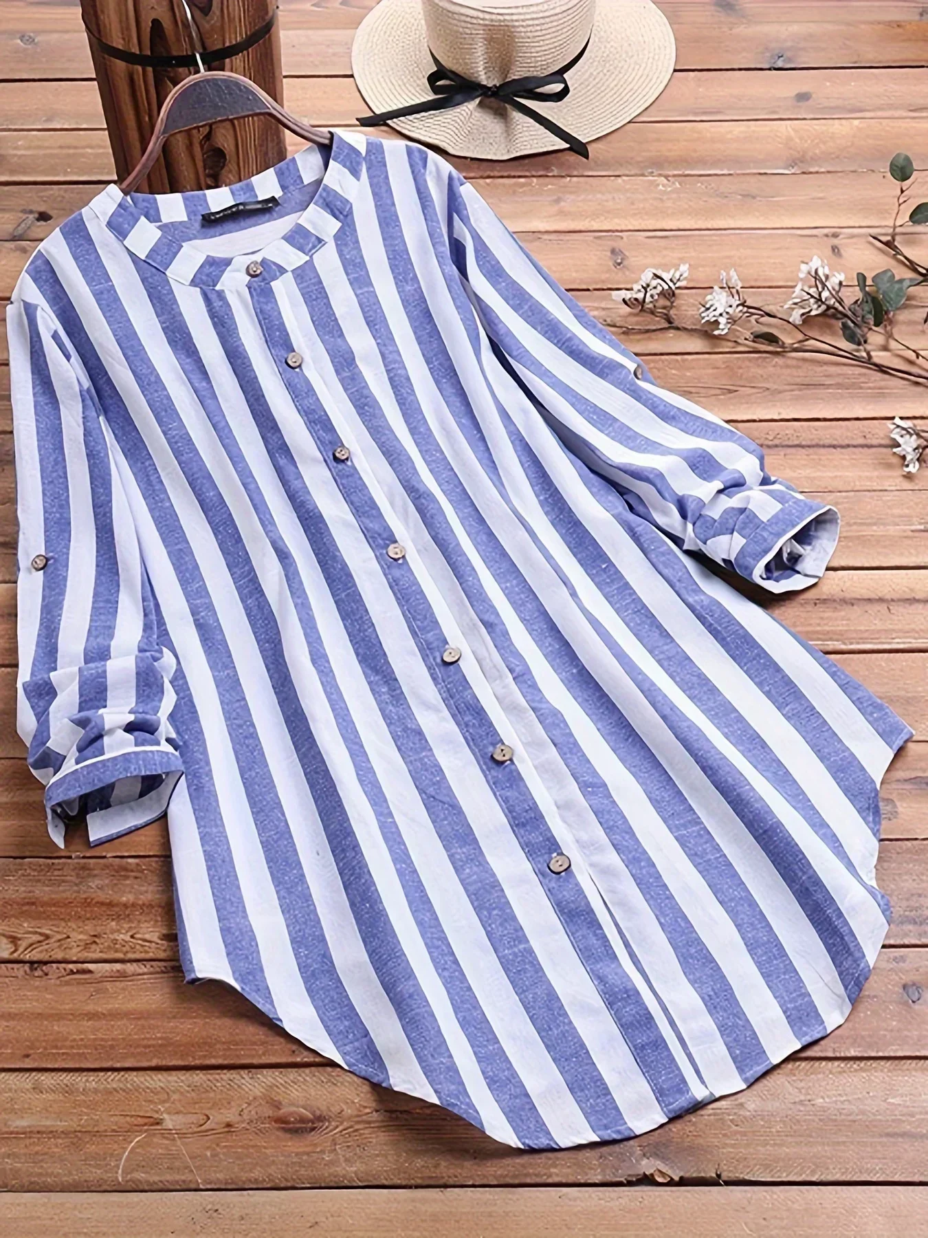 2024 Plus Size Women's Fashion Striped Long Sleeve Shirt Spring Autumn Cotton Linen Blouse