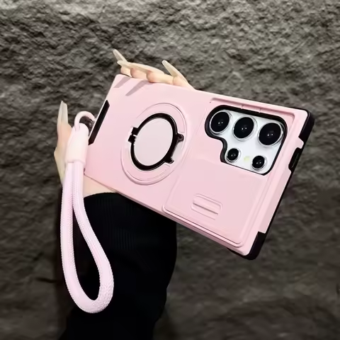 Armor Magnetic Bracket Case For Samsung Galaxy S25 S24 S23 S22 S21 Ultra Plus With Lanyard Slide Camera Protect Shockproof Cover