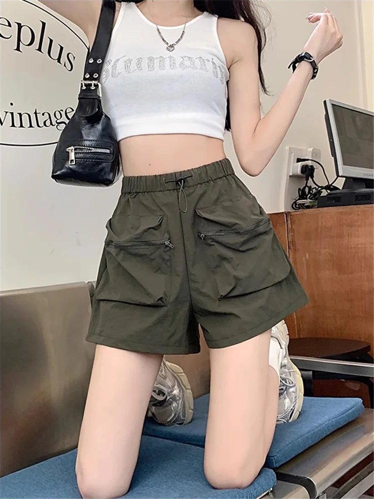 

2025 High Waist Drawstring Summer Women American Style Workwear Shorts Vintage Casual Cargo Big Zipper Pocket Hot Pants Clothing