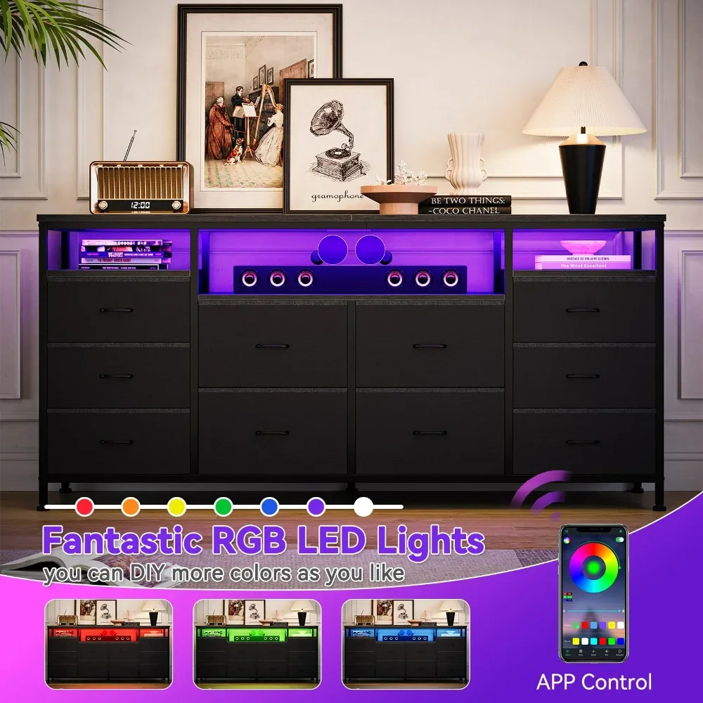 Cômoda com 10 gavetas, cômoda de 63 polegadas, suporte de TV para TV de 65 70 75 polegadas, cômoda para quarto, cômoda de tecido com luzes LED