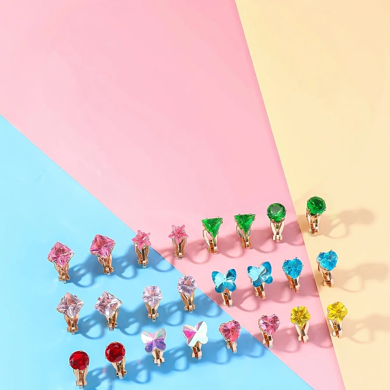 Women's Clip-On Earrings, No Piercing Needed, Colorful Crystal Rhinestone Ear Clips, Butterfly, Heart, and Flower Shapes, Non-Piercing Earring Set, Fashionable Jewelry for Little Girls, Party Gift