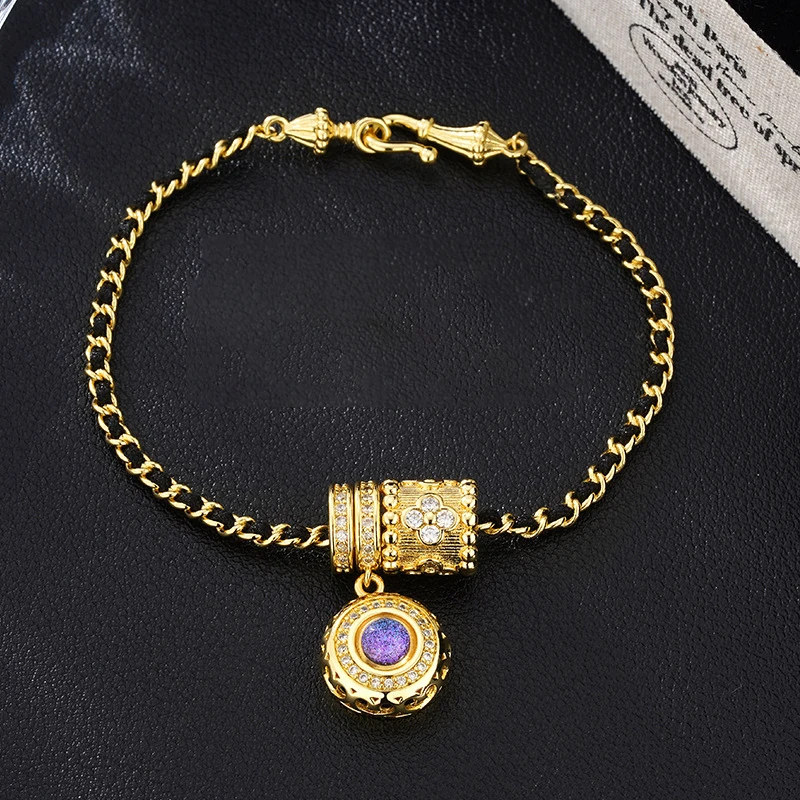 Classical Full Circle Diamond Round Pink Purple Crystal Bracelets for women Black Braided Rope Chain Bracelet Banquet Jewelry