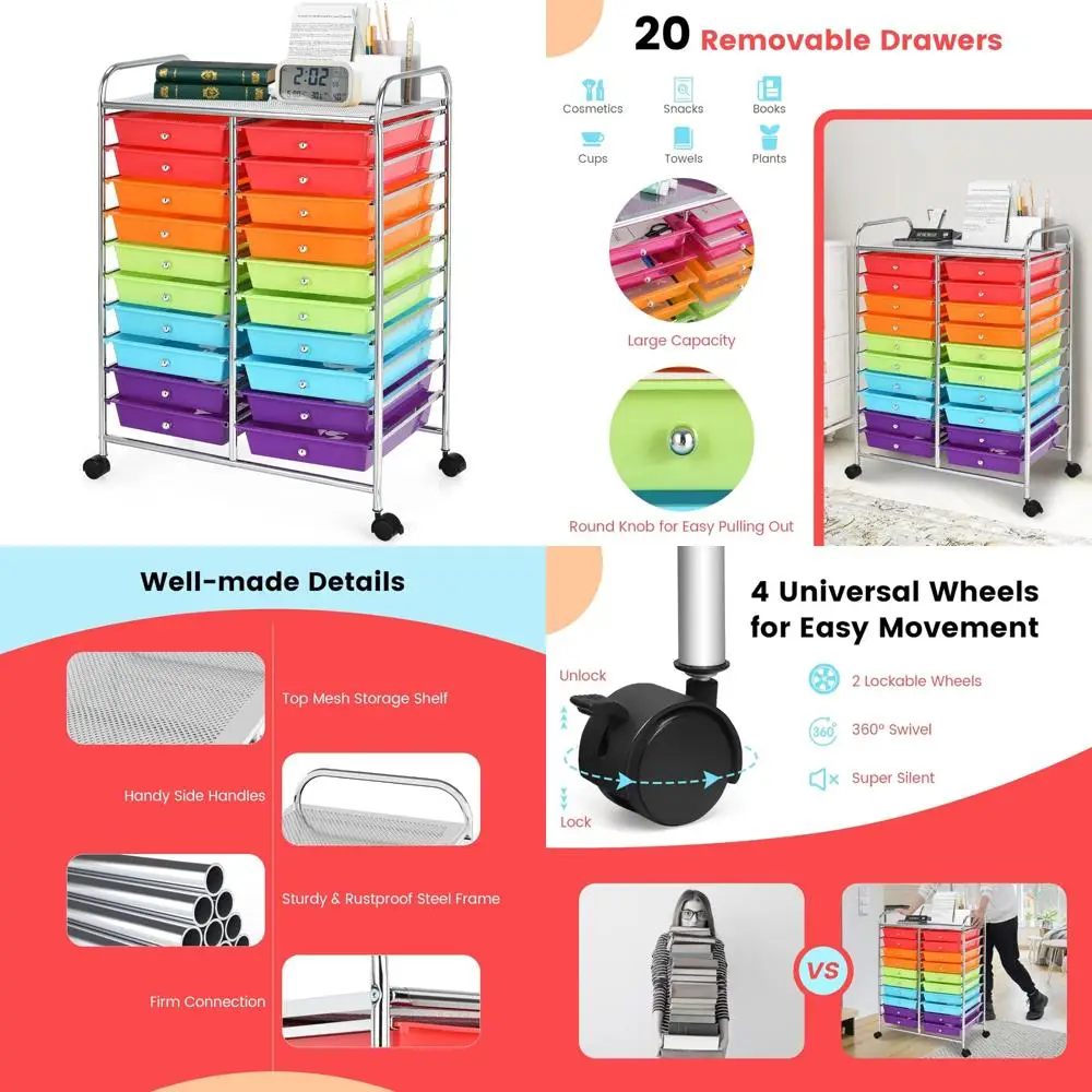 عربة تخزين دوارة متعددة الأغراض مع 20 درجًا للأدوات وسجل القصاصات والورق والحرف اليدوية والتنظيم