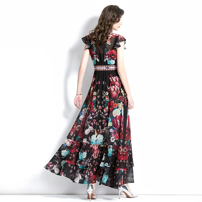 2024 moda pista lindo flor chiffon em cascata babados vestido feminino decote em v profundo manga longa floral impressão boho robe vestido