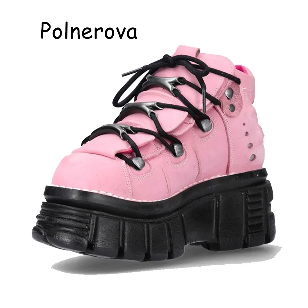 أسود وردي سميكة سوليد حذاء من الجلد عبر تعادل المرأة ريترو الربيع هوتي ديكور معدني الارتفاع زيادة دراجة نارية فاسق مضخات #3