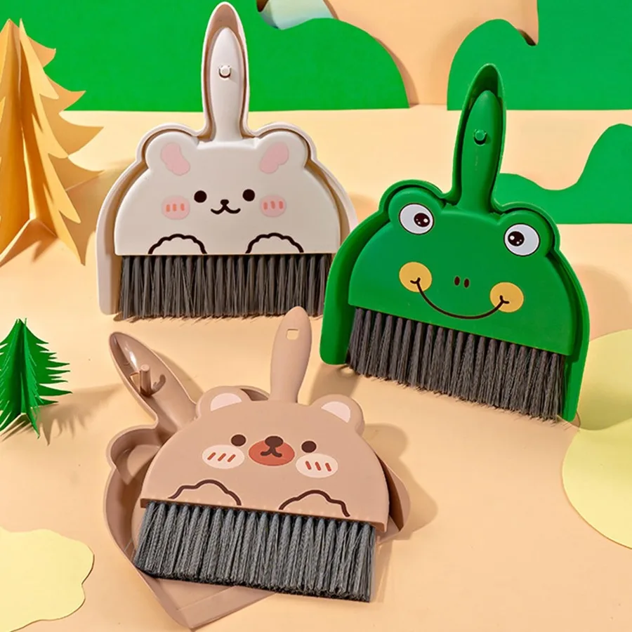 Cartoon Mini Broom & Dustpan Set | Brown Bear & Green Frog Design | Handheld Portable | Desktop Car Home Cleaner