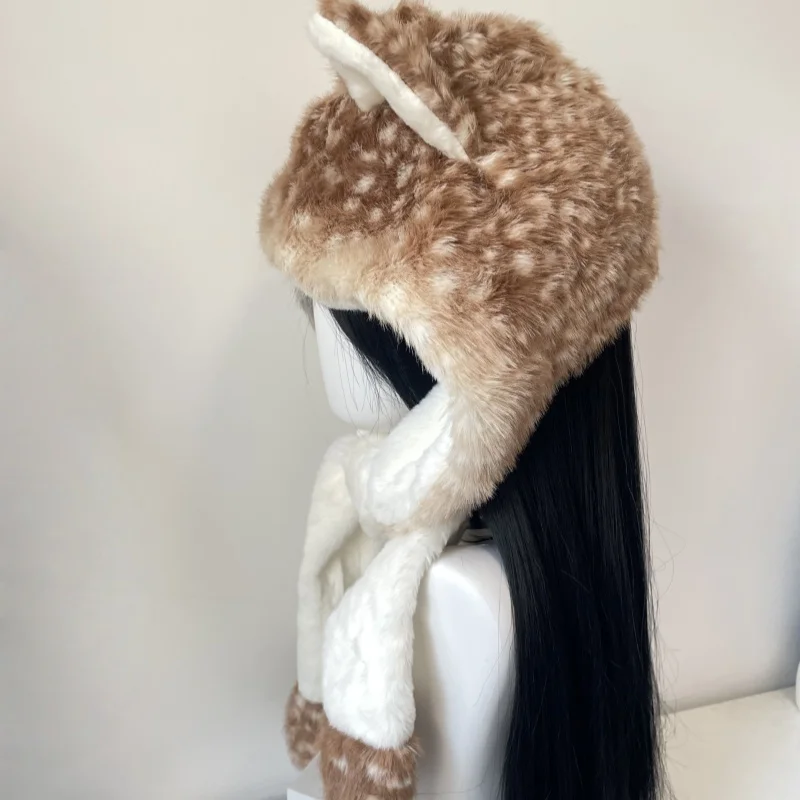 New Harajuku Kawaii Reindeer Hat Faux Fur Plush Winter Warm Furry Ear Protection Cap Christmas Subculture Y2K Girl Punk Hats