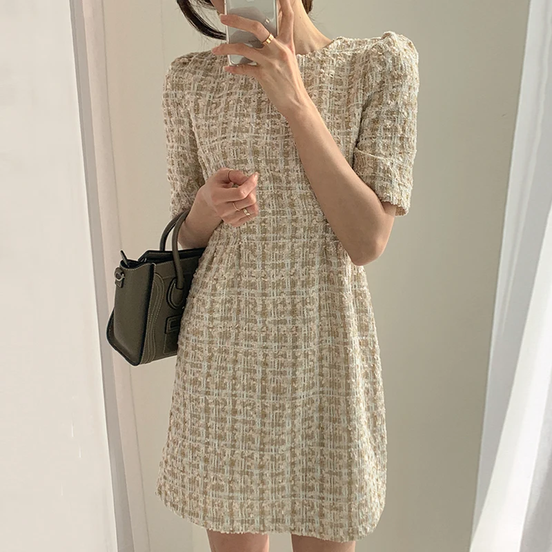 Vestido e de lana a cuadros para mujer, vestido corto de verano con cintura entallada, manga corta, cintura alta, esti...