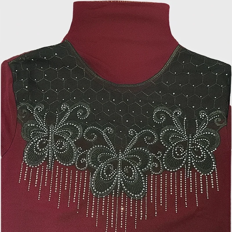 

Шикарная элегантная кружевная лоскутная женская футболка, осенняя модная сетчатая футболка с высоким воротом и блестящими бриллиантами, женская темпераментная тонкая рубашка