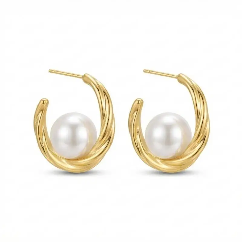 

MURMUR Classic Twisted Hoop Pearl Earrings Chunky Gold Tone Croissant Vintage Jewelry