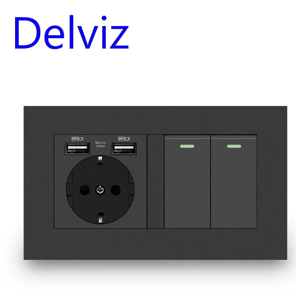 Delviz EU Standard Switch Outlet, 16A Light Switch,2 Gang 1 Way / 2 Way, White Double frame Panel,Wall Embedded USB Power Socket - view 3