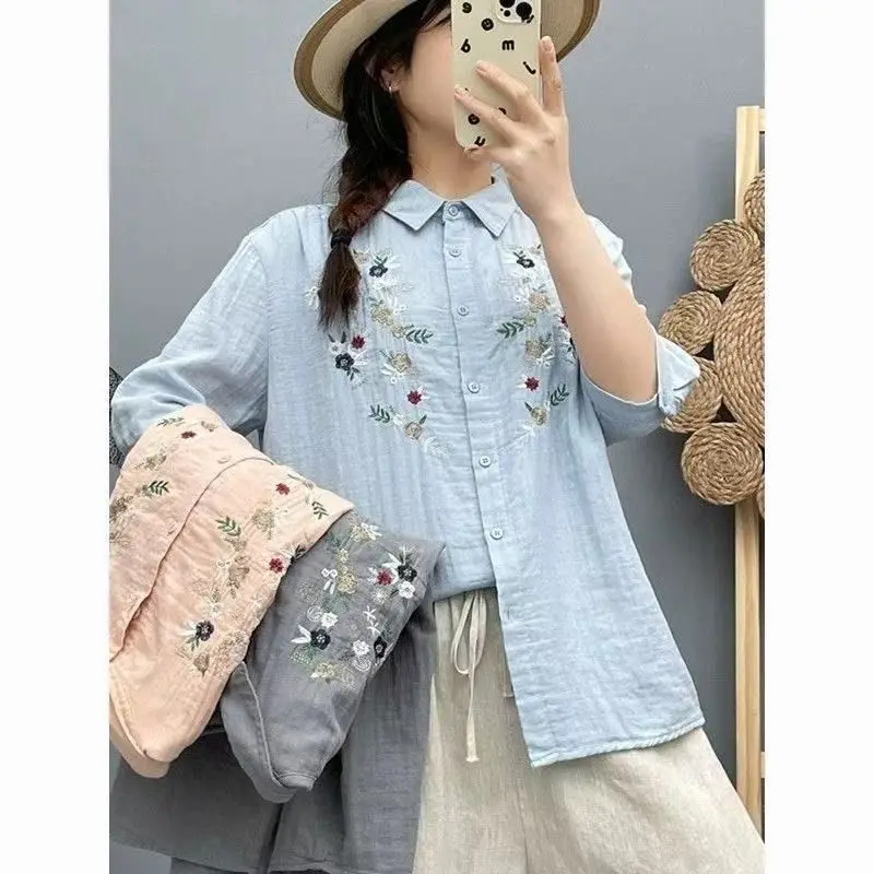 

Женская модная хлопковая рубашка больших размеров с вышивкой, весна-лето, новая коллекция, с коротким рукавом, для повседневной носки, художественная серия