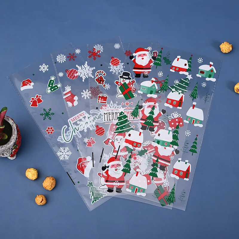 

50/100pcs Christmas Candy Wrapping Bag Plastic Cellophane Cookie Drawstring Bags New Year Holiday Gift Bags Free Ties
