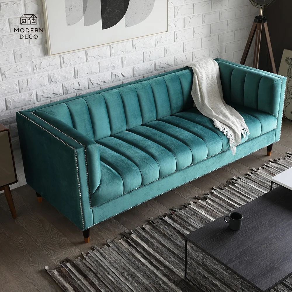 Soffan Samt Sammet أريكة قطيفة أريكة أريكة أريكة Divan 3 مقاعد يجلس التصميم الحديث أثاث غرفة المعيشة الأخضر معنقدة بالقناة