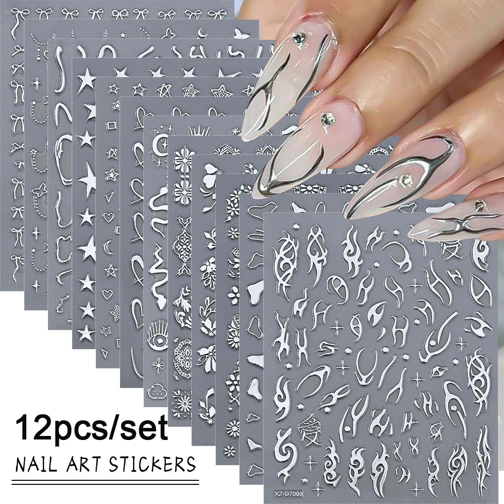 12pçs adesivos de unhas 3d metálicos prateados chamas irregulares, estrelas cromadas, corações, design ins, decalques autoadesivos, decoração de manicure