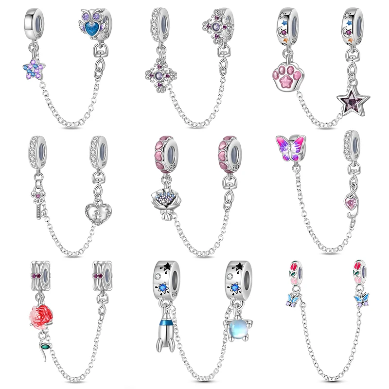 

925 Sterling Silver Heart Shaped Keylock Cross Pattern Fantasy Cat Claw Safety Chains Fit Pandora Original Bracelets DIY Jewelry