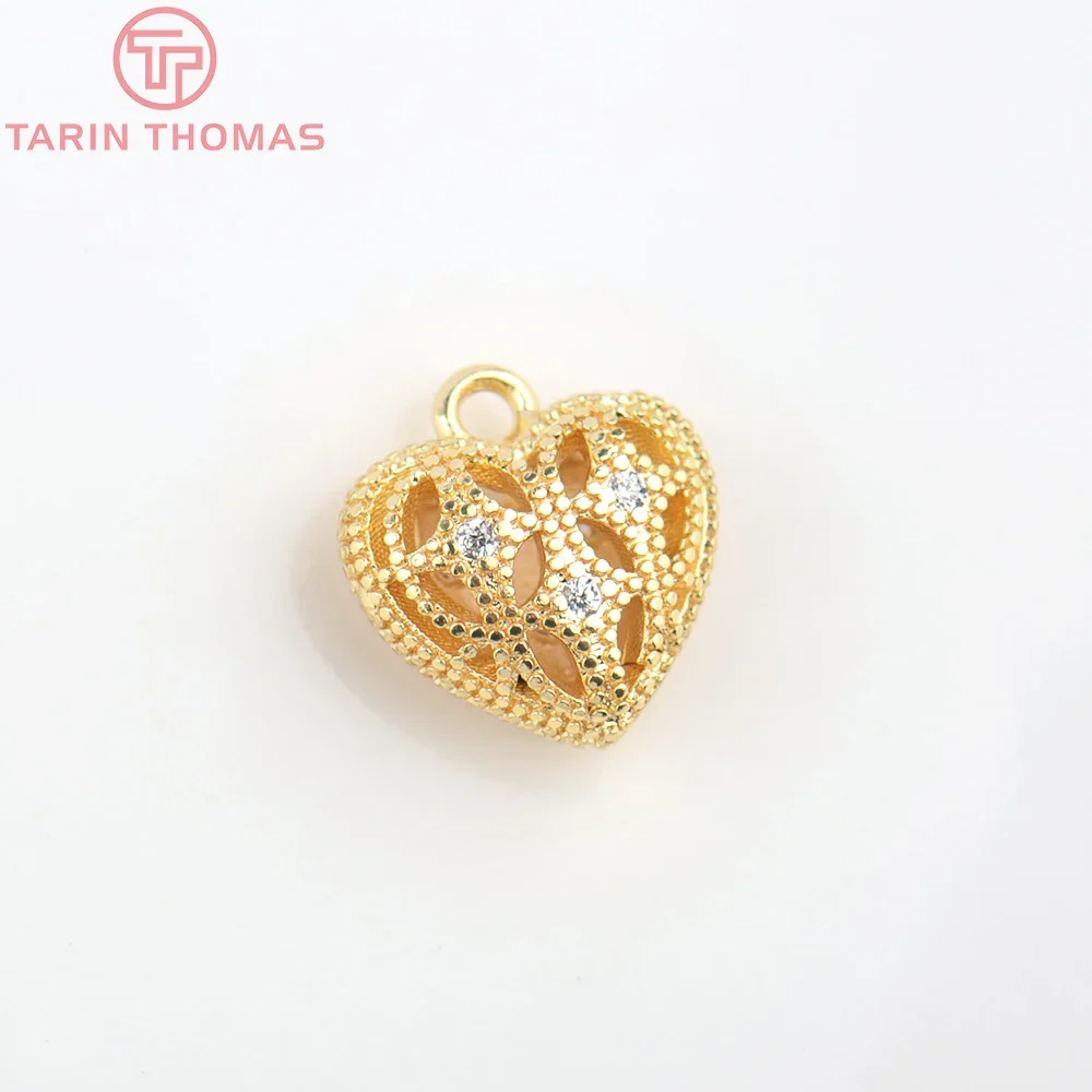 (4994)4PCS 11x10MM 24K Gold Color Brass with Zircon Heart Charms Pendants High Quality DIY Jewelry Making Findings Wholesale