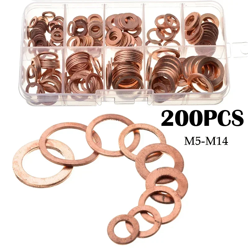 100/120/180/200PCS Solid Copper Gasket Gasket Flat Ring Seal Flat Gasket Fastener with M4-M14 Box Used for Catching Pit Plug