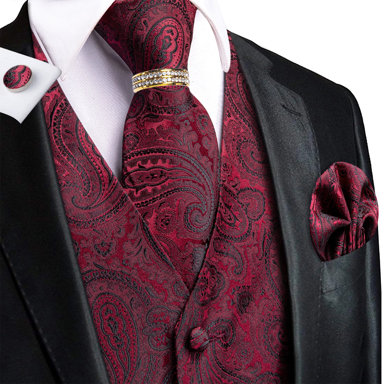Deep Burgundy Paisley V-Neck Vest 5Pcs Outfit Tie Pocket Square Cufflinks Ring For Stage Performance Show
