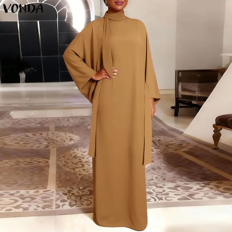 

VONDA Plus Size Long Maxi Dress Women Ribbon Elegant Party Vestidos Fashion Casual Long Sleeve Solid Oversized Sundress 5XL 2026