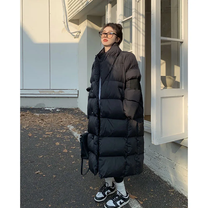 Fashion Stand Collar Mid-Length Cotton-Padded Coat Winter New Over The Knee Korean Version Thicken Warm Solid Color Texture Coat