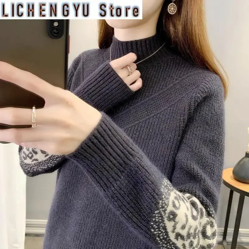 Women's Clothing Autumn Winter Half High Collar Pullover Lantern Long Sleeve Sweater Knitted Geometric Screw Thread Elegant Tops