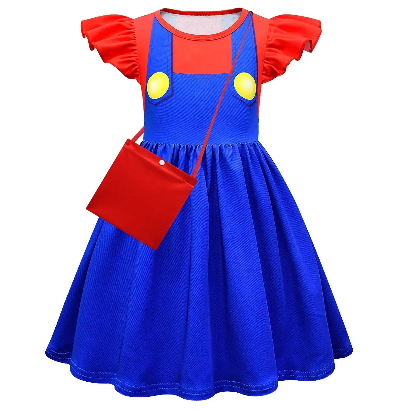 Kids Anime Cartoon Print Blue Red Green Plumber Ruffle Dress Bag Set Outfit for Girls Christmas Halloween Cosplay Costume